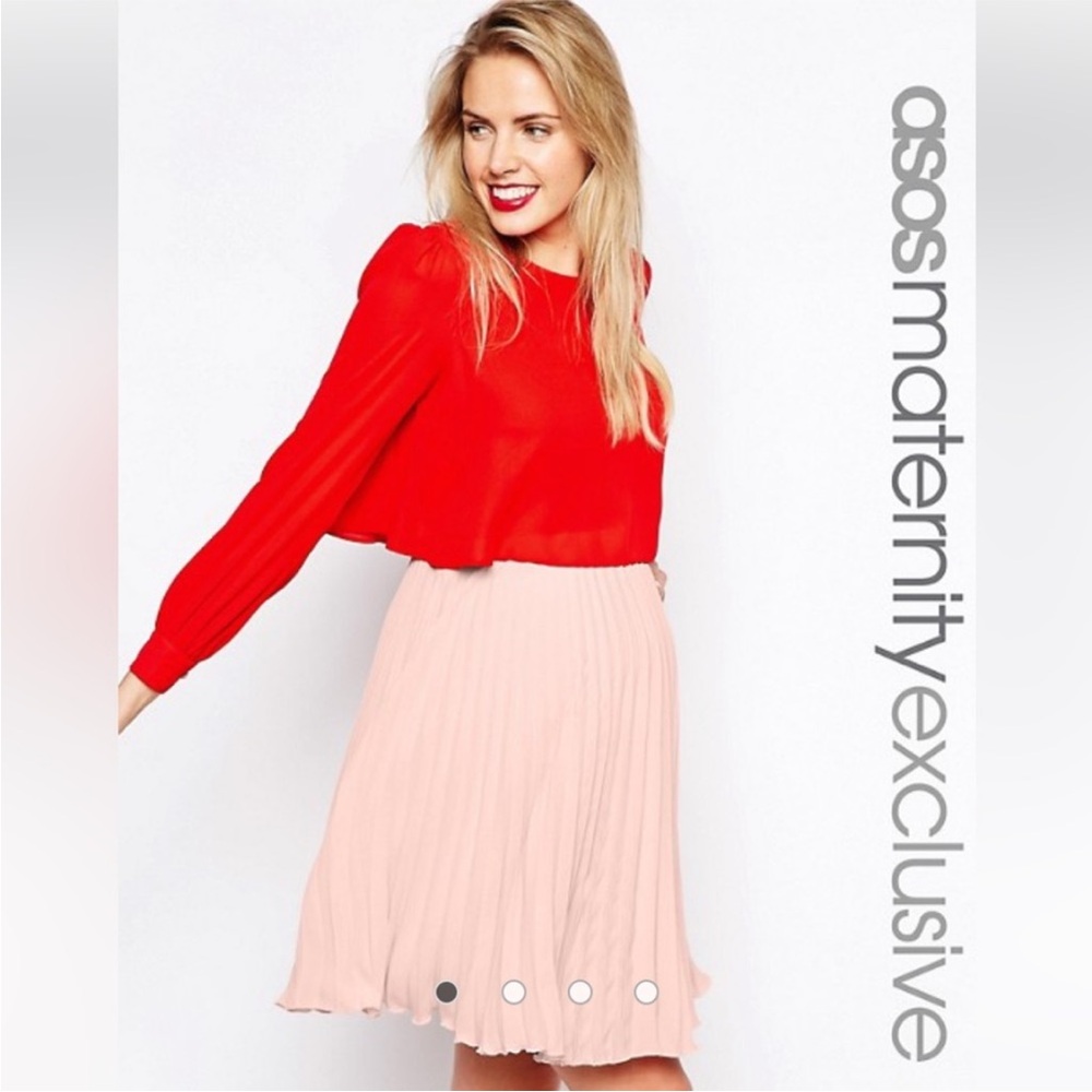 ASOS Maternity Red & Pink Long Sleeved Blouse Pleated Midi Skirt Medium 10